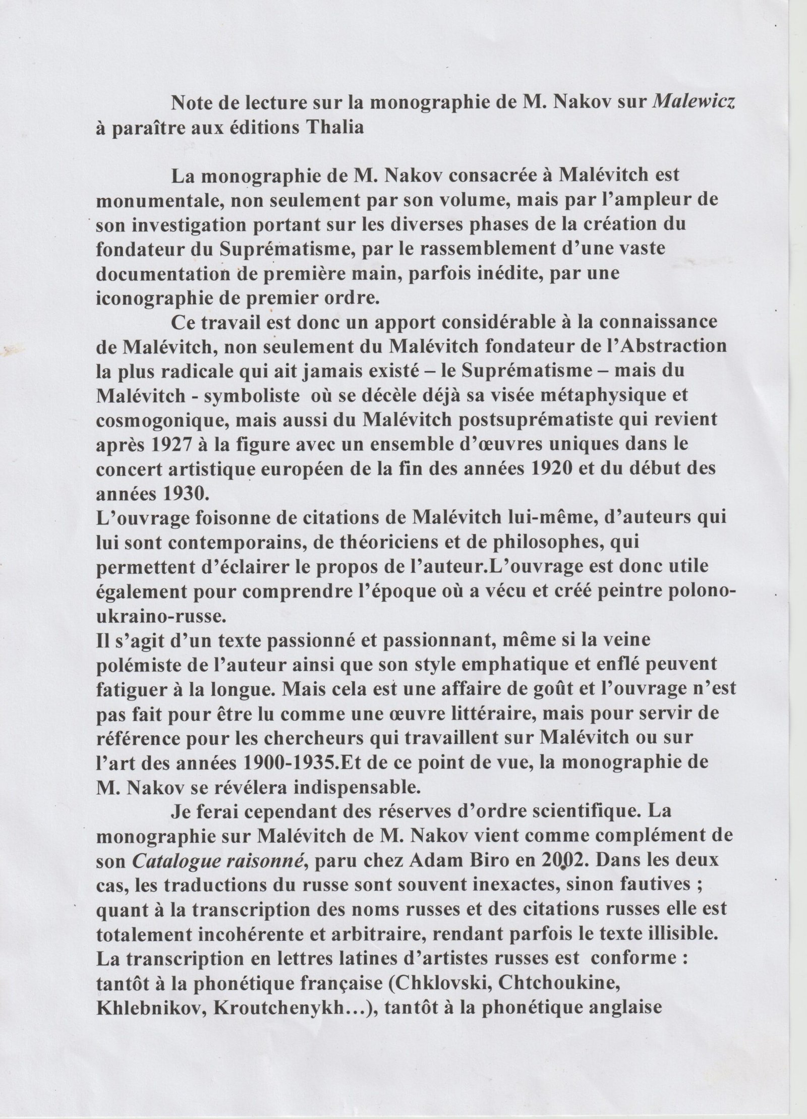 ARCHIVES – Note de lecture sur la monographie de M. Nakov sur « Malewicz » à paraître aux éditions Thalia